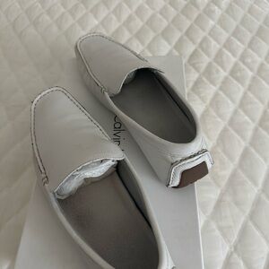 Calvin Klein White Leather Slip-On Loafers with Brown Heel Tab